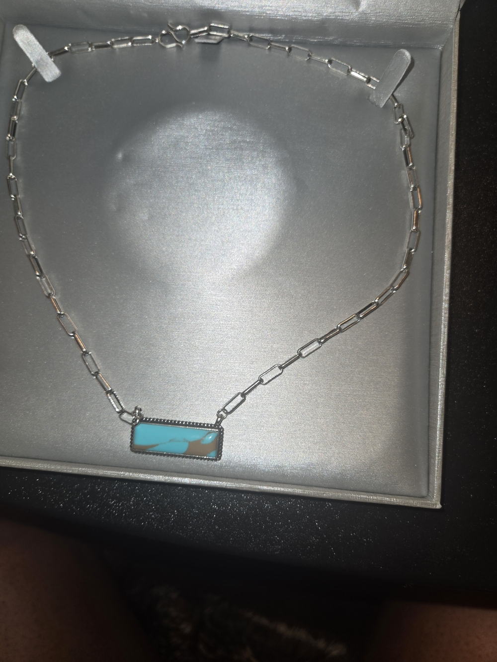 Silver Chain Necklace with Turquoise Blue Rectangular Pendant